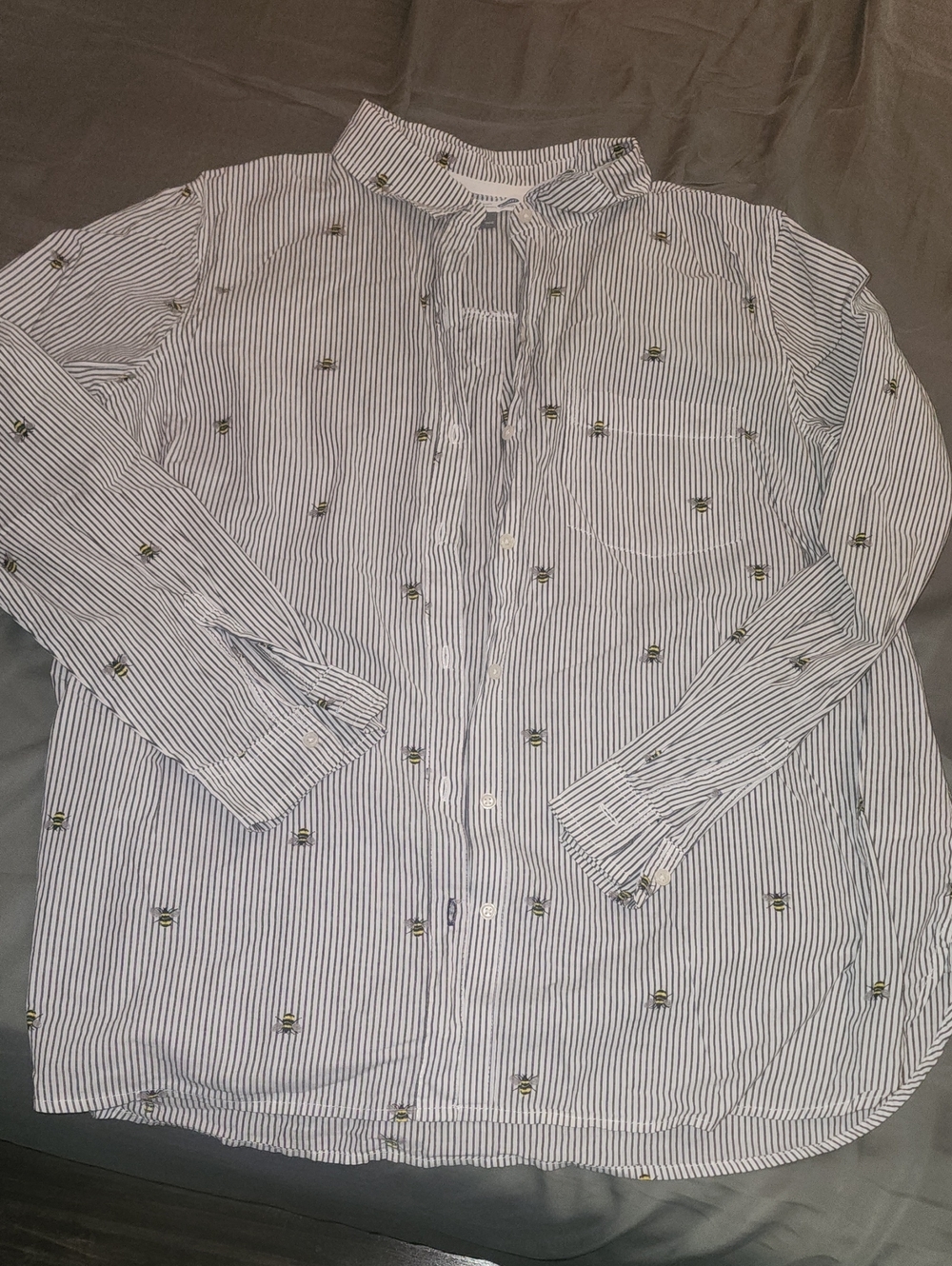 Old Navy Blue and White Striped Button-Down Shirt with Bees